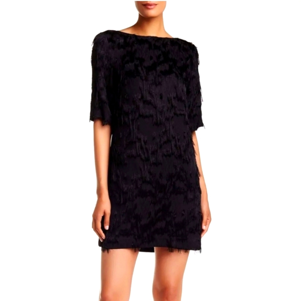 (M)⚘️Vtg Rare Nicole Miller⚘️Blk Fringed Frat  Shift Mini Dress👗 Ptp 20" x L34"